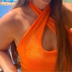 Beginning Boutique Orange Halter Crop Top